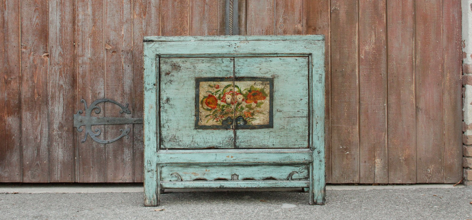 Lacquered Blue Tansu Cabinet w/ Floral Front