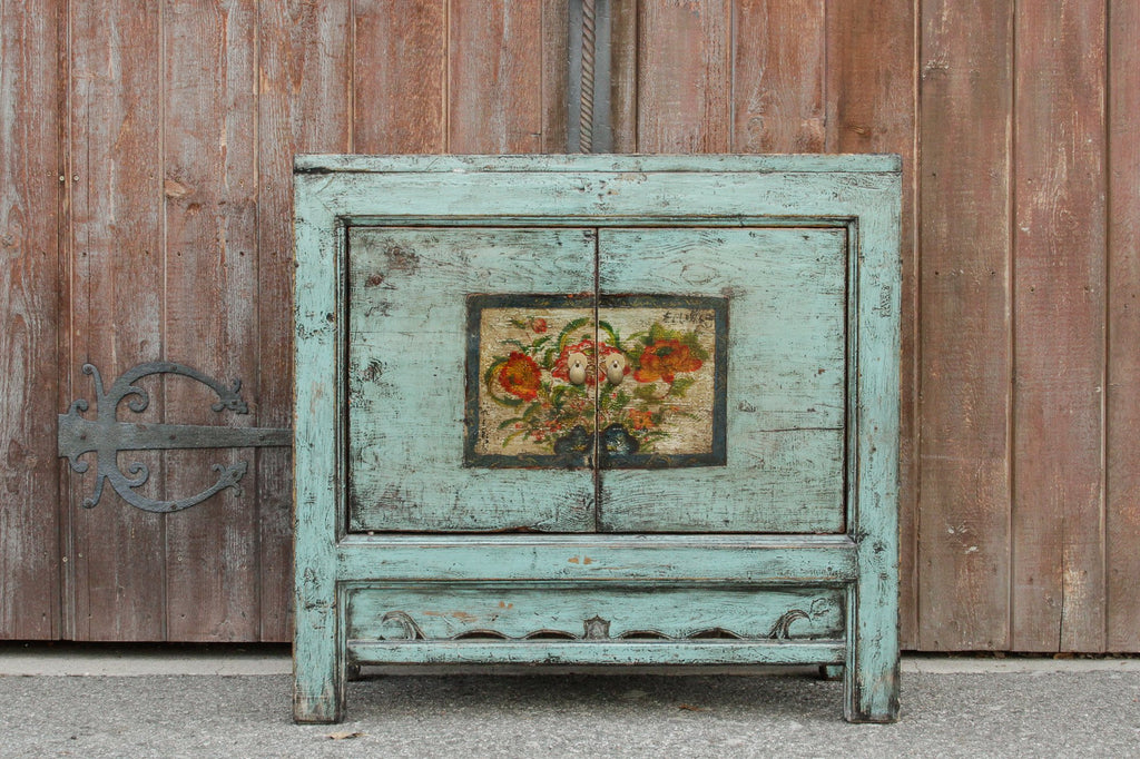 Lacquered Blue Tansu Cabinet w/ Floral Front