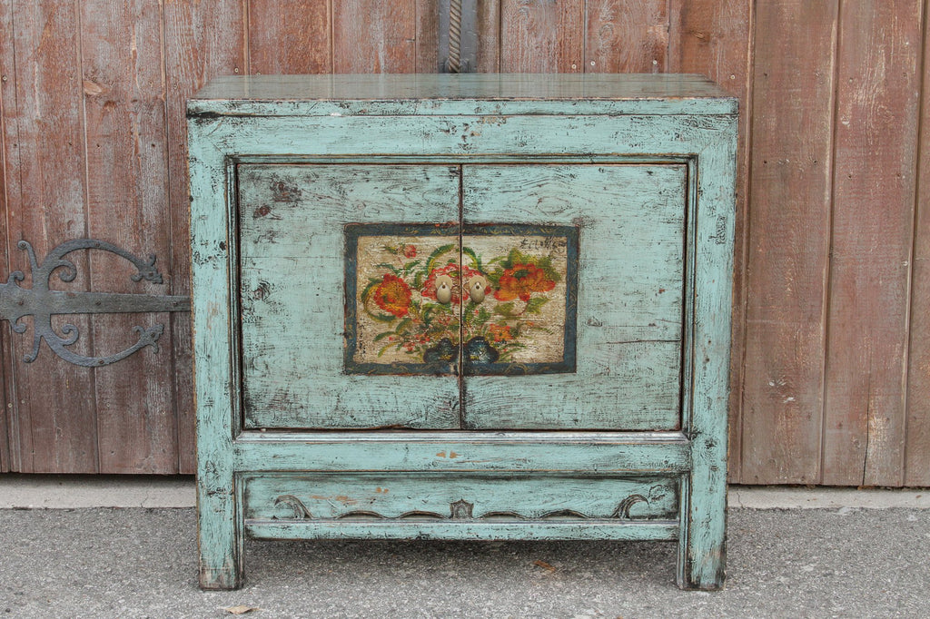 Lacquered Blue Tansu Cabinet w/ Floral Front