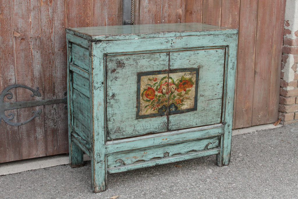Lacquered Blue Tansu Cabinet w/ Floral Front