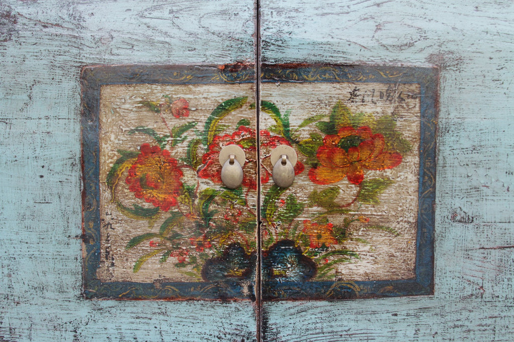 Lacquered Blue Tansu Cabinet w/ Floral Front