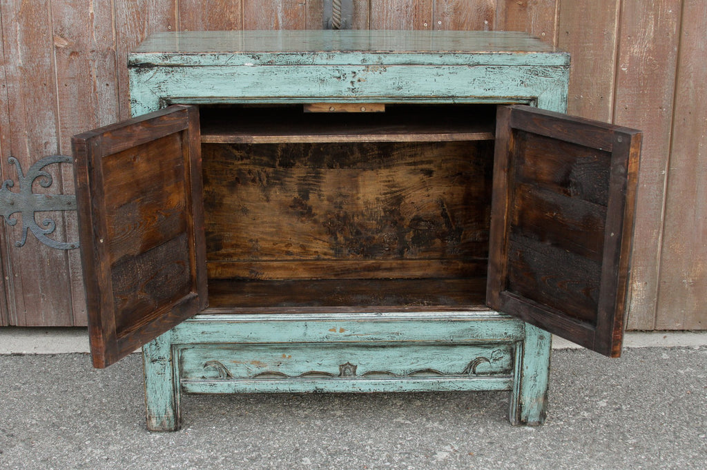 Lacquered Blue Tansu Cabinet w/ Floral Front