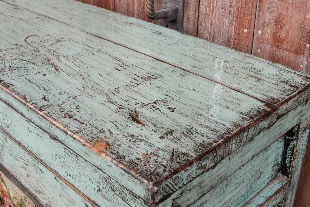 Lacquered Blue Tansu Cabinet w/ Floral Front
