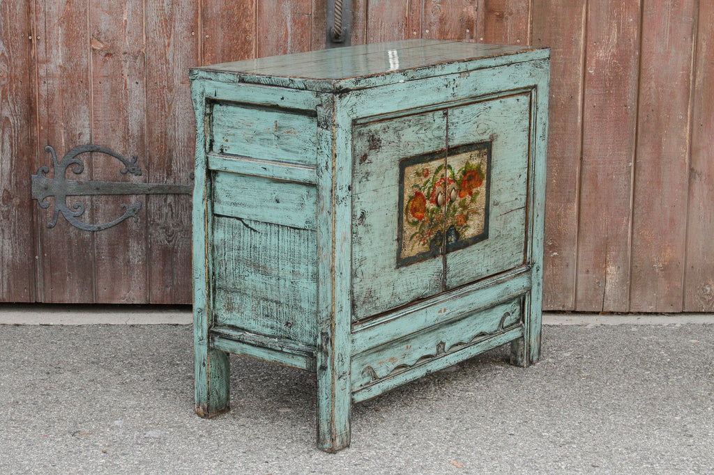 Lacquered Blue Tansu Cabinet w/ Floral Front