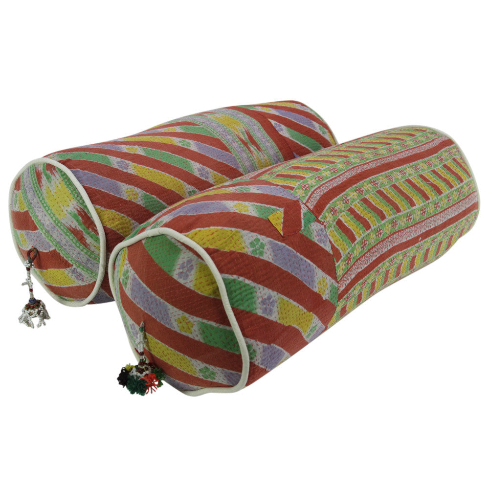 Lehariya Kantha Pillows, Pair
