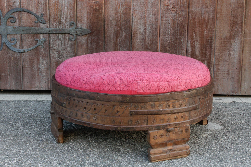 Nandi Carved Chakki Kantha Ottoman