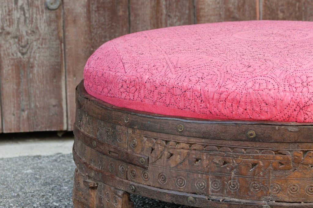Nandi Carved Chakki Kantha Ottoman