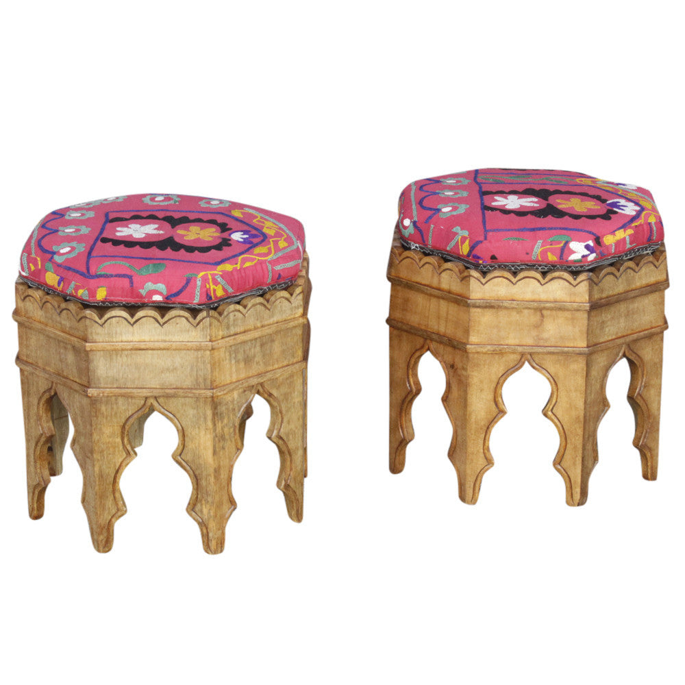 Mugal Suzani Upholstered Stools, S/2