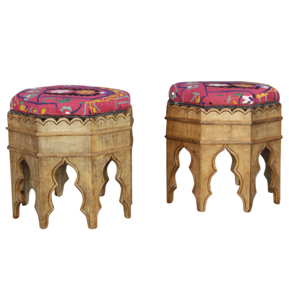 Mugal Suzani Upholstered Stools, S/2
