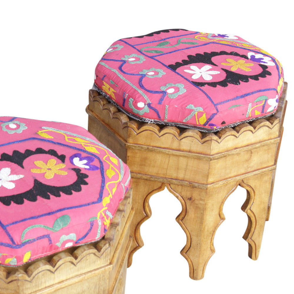 Mugal Suzani Upholstered Stools, S/2