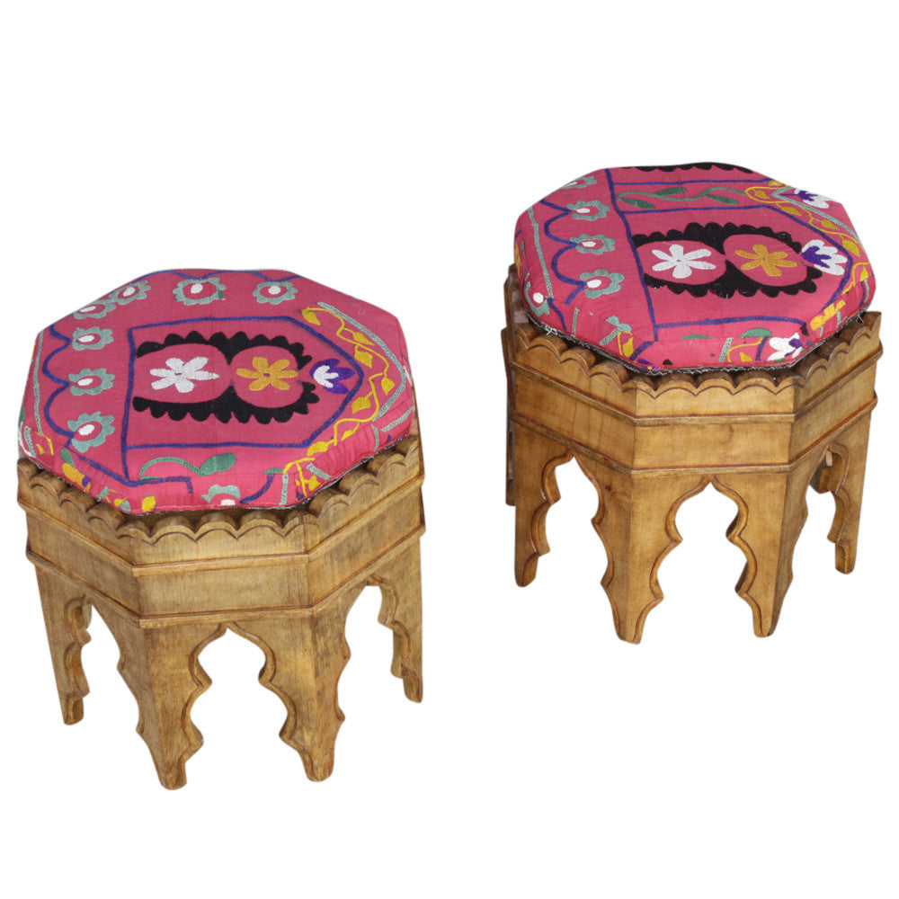 Mugal Suzani Upholstered Stools, S/2