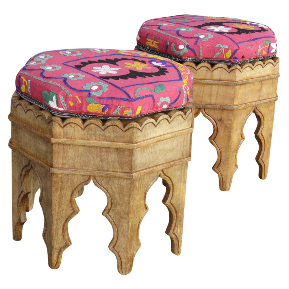 Mugal Suzani Upholstered Stools, S/2
