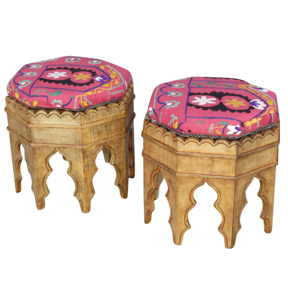 Mugal Suzani Upholstered Stools, S/2