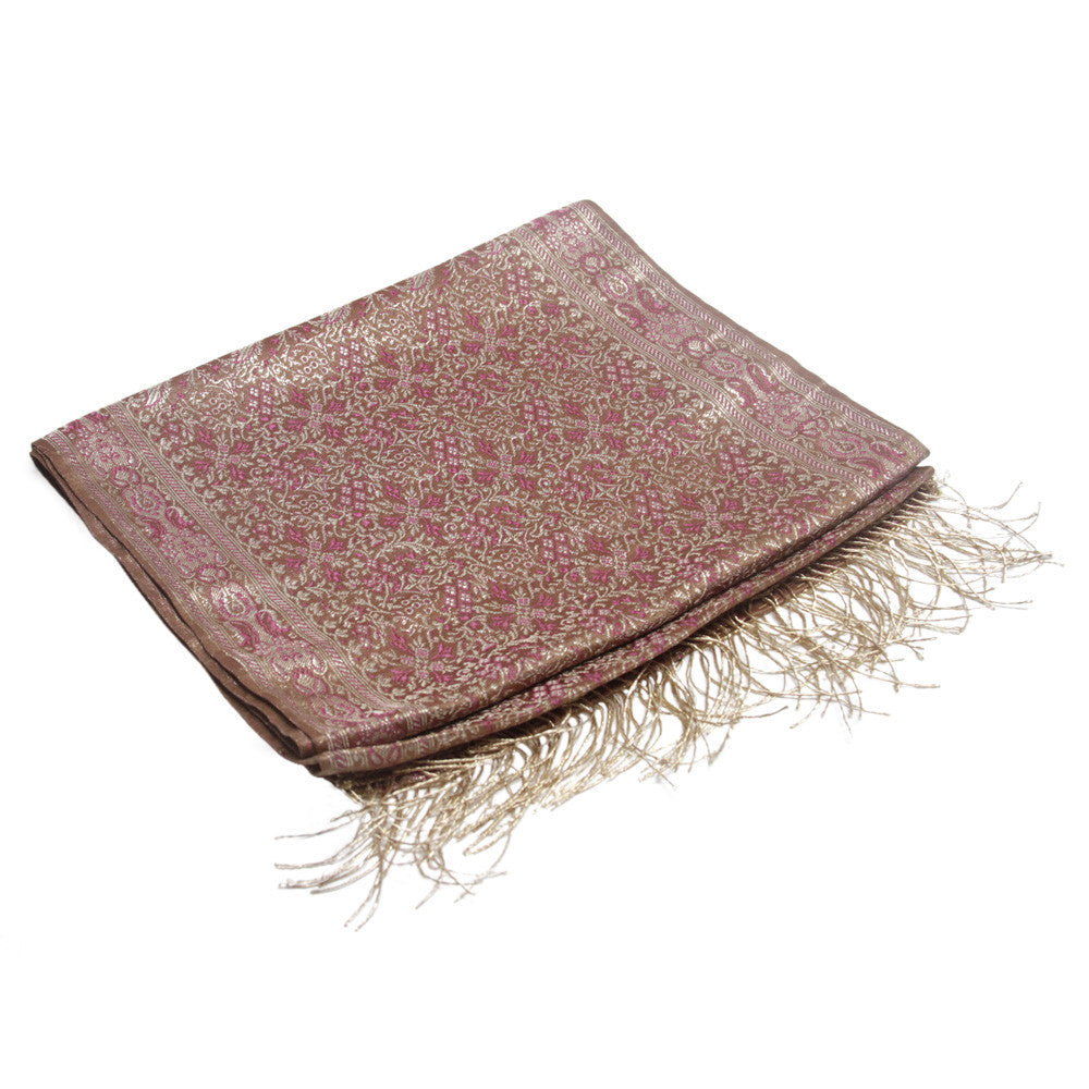 Dusty Rose Silk Brocade Runner W/ Gold Fringe
