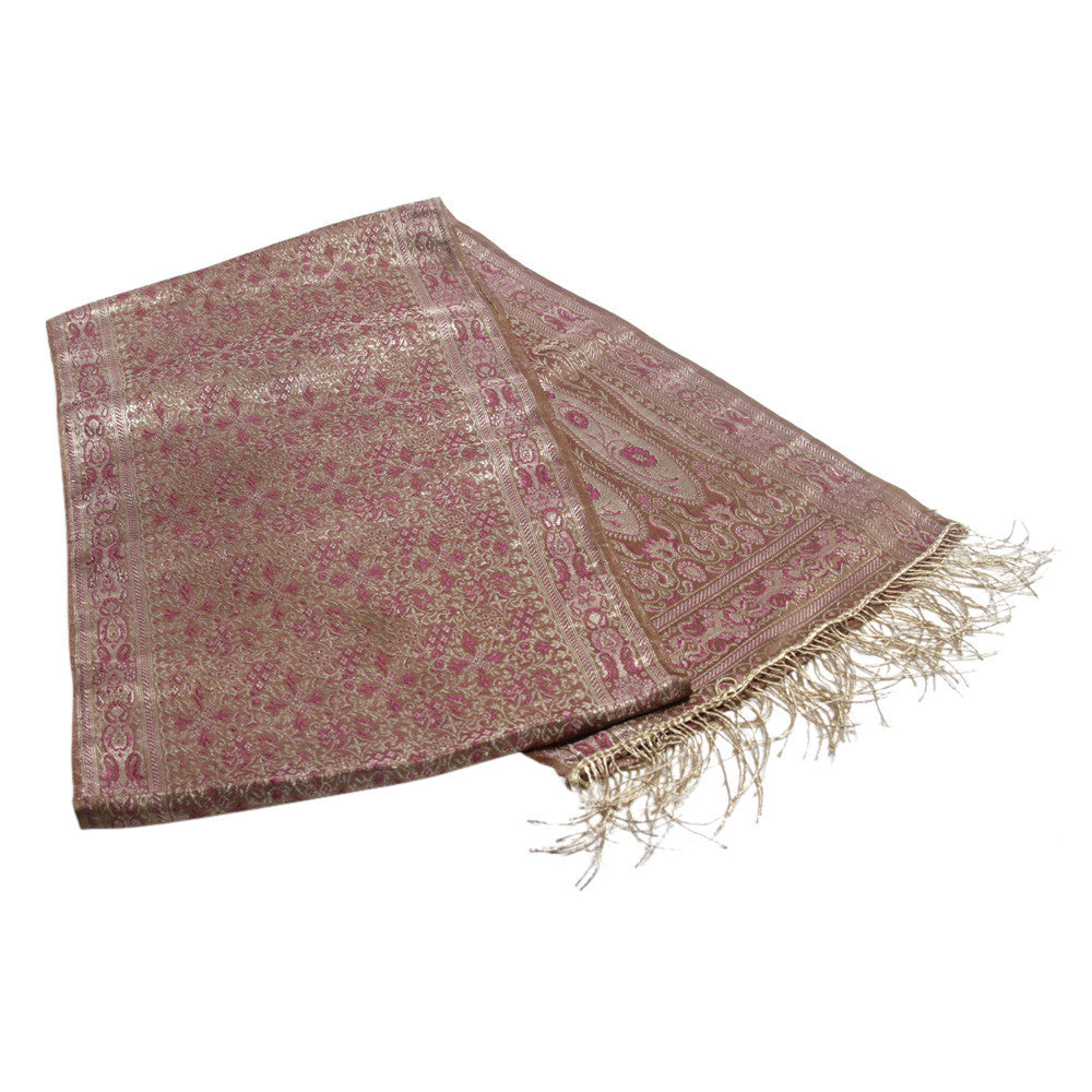 Dusty Rose Silk Brocade Runner W/ Gold Fringe