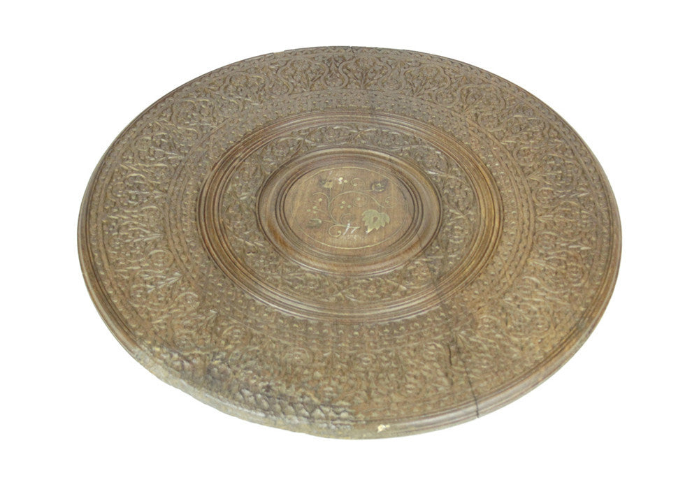 Anglo-Indian Brass Inlay Carved Tray