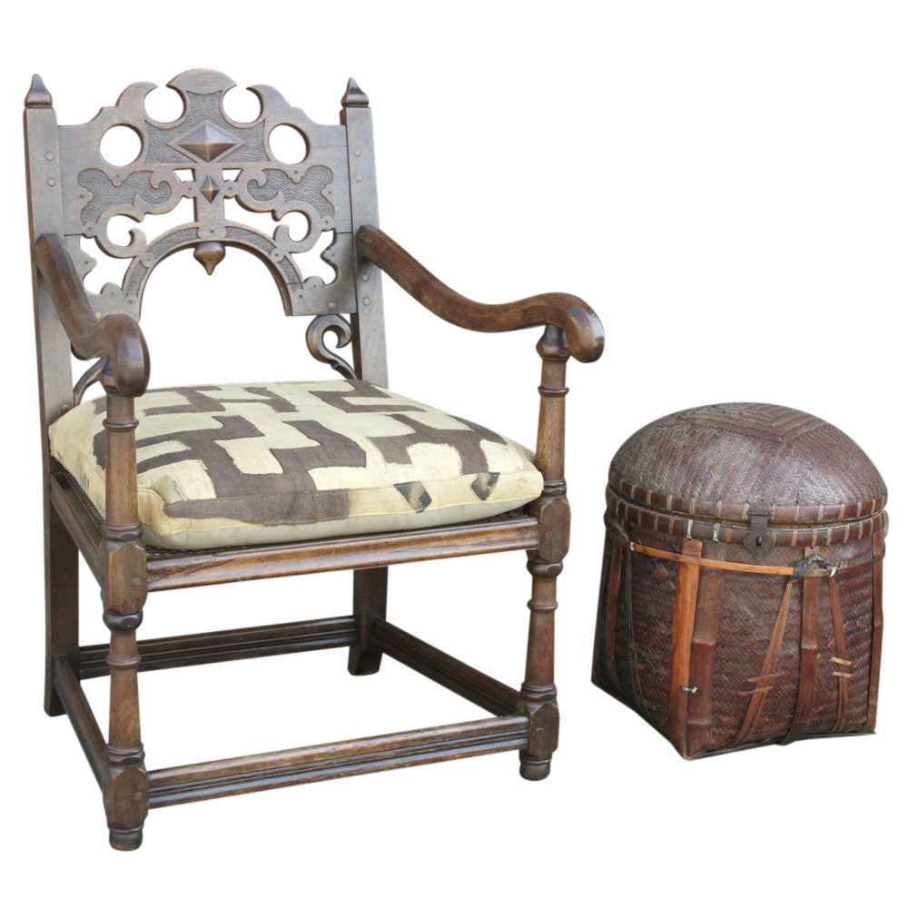 English Jacobean Club Chair W/ Mud Cloth Seat