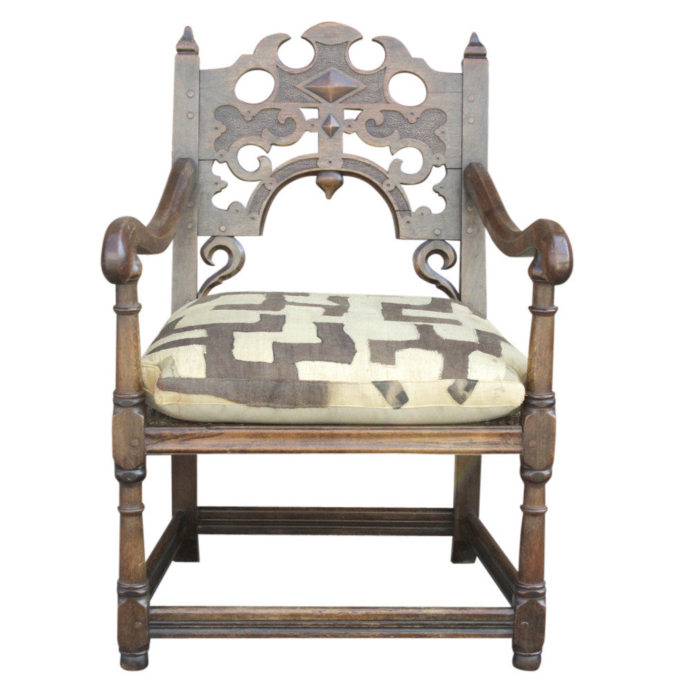 English Jacobean Club Chair W/ Mud Cloth Seat