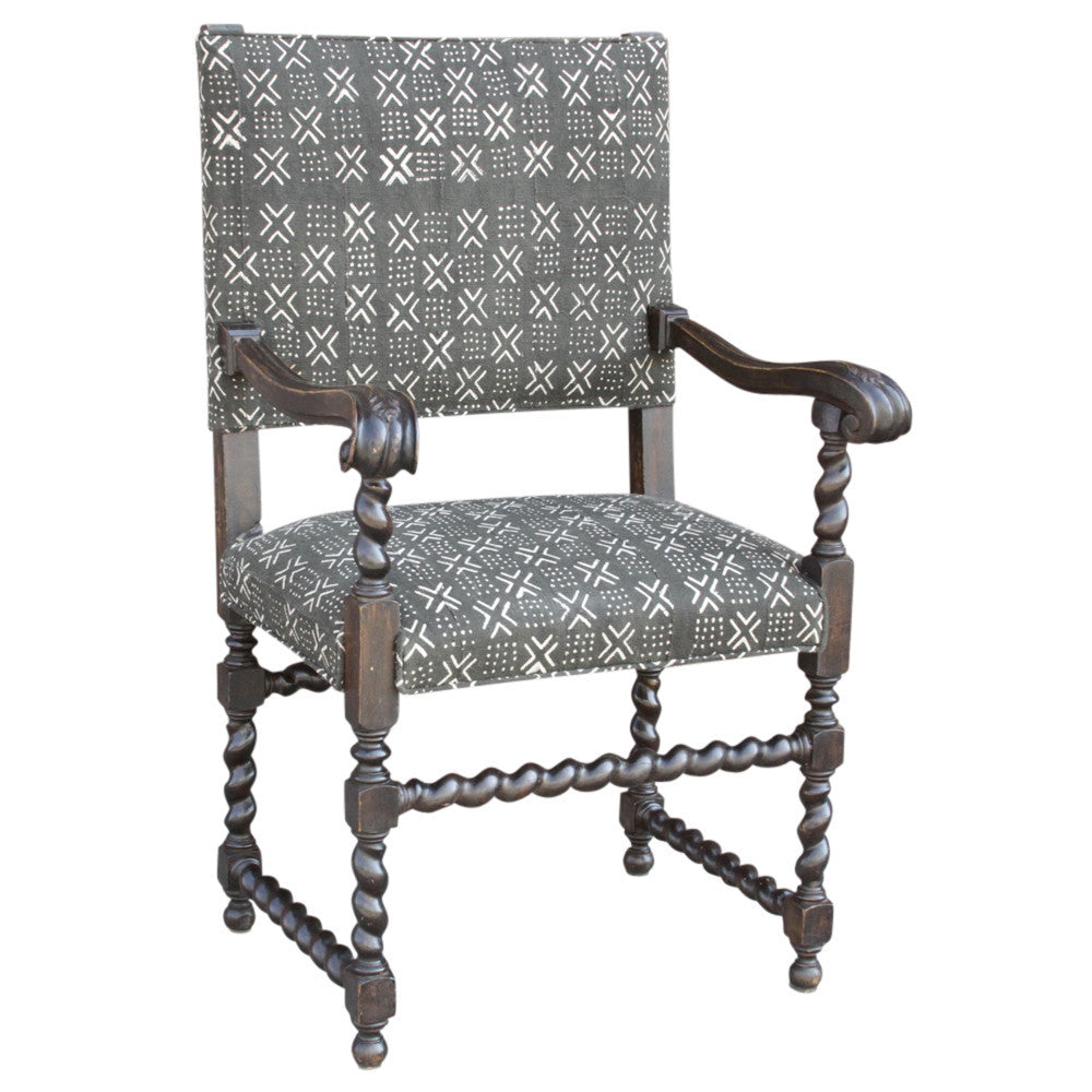 Antique Charcoal Mud-Cloth Upholstered Armchair