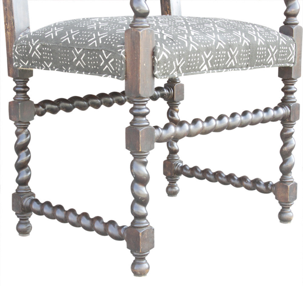 Antique Charcoal Mud-Cloth Upholstered Armchair