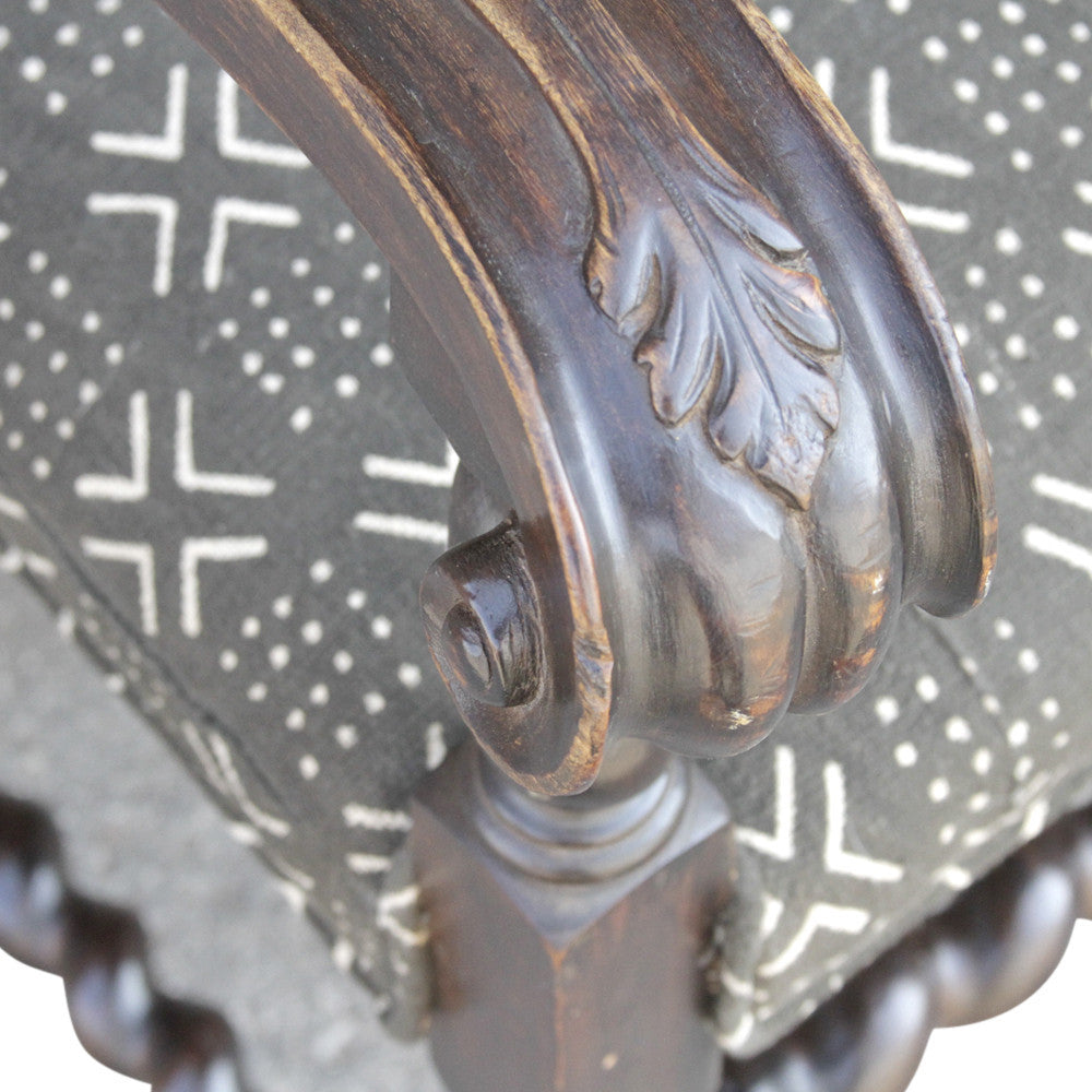 Antique Charcoal Mud-Cloth Upholstered Armchair