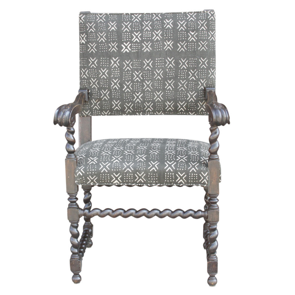 Antique Charcoal Mud-Cloth Upholstered Armchair