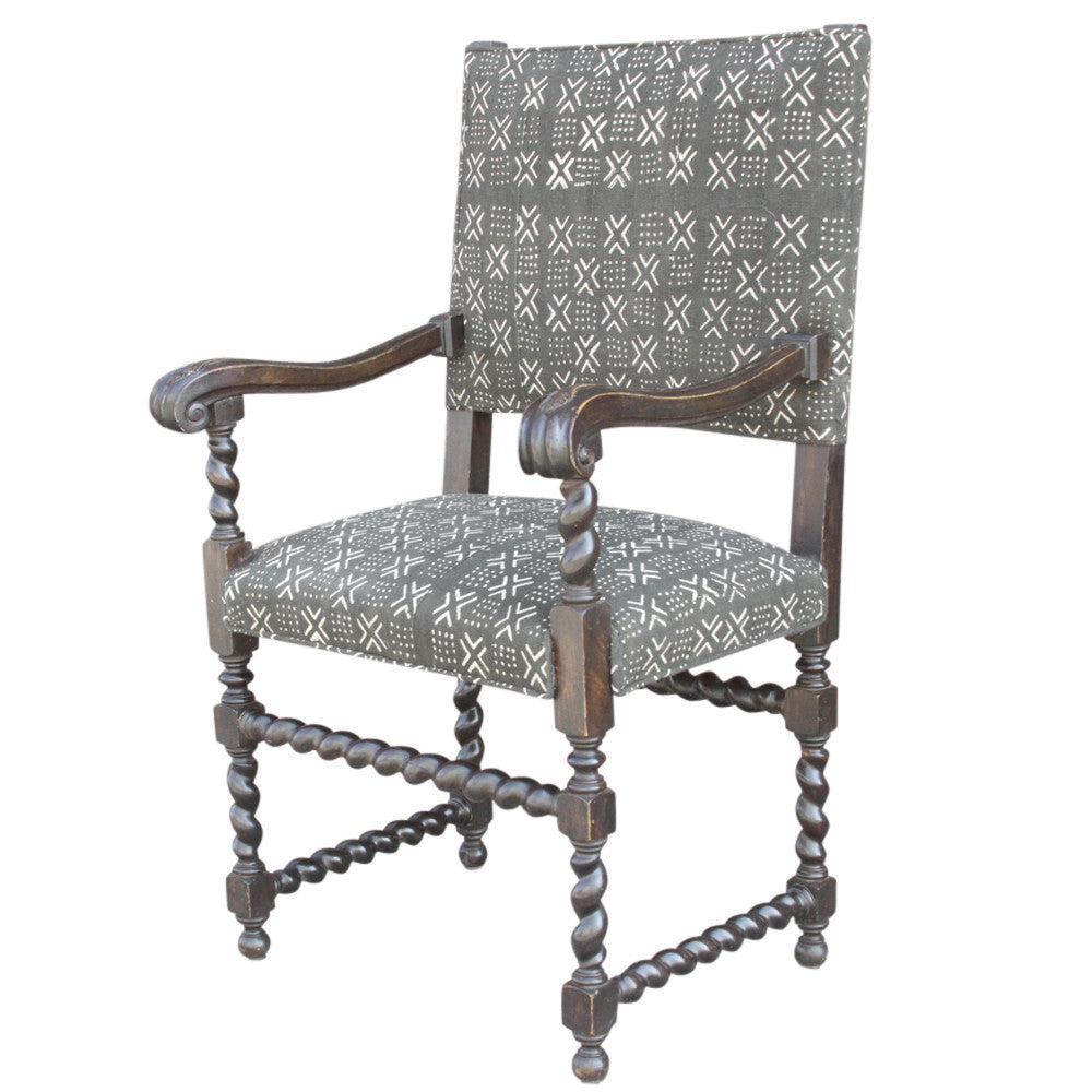 Antique Charcoal Mud-Cloth Upholstered Armchair