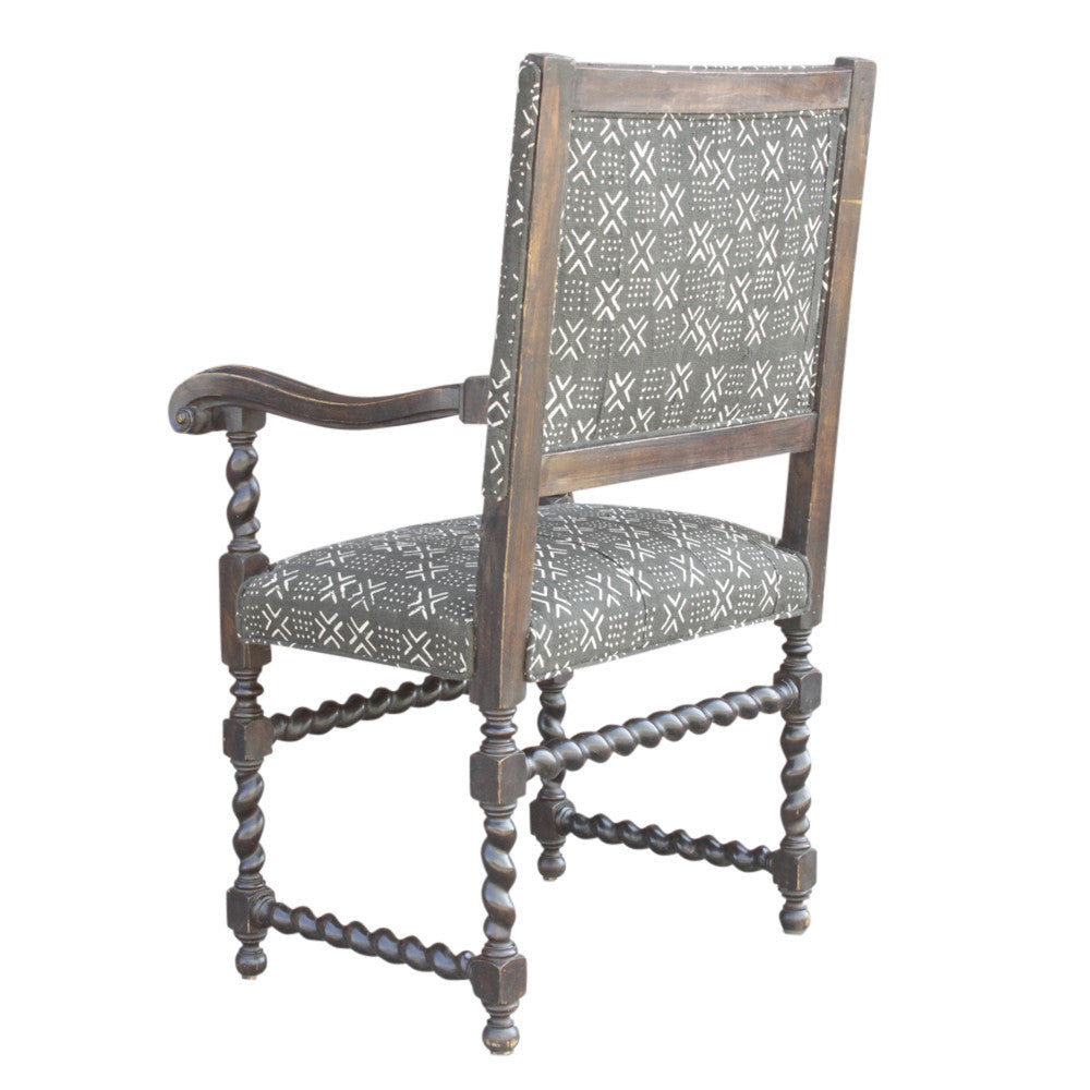 Antique Charcoal Mud-Cloth Upholstered Armchair