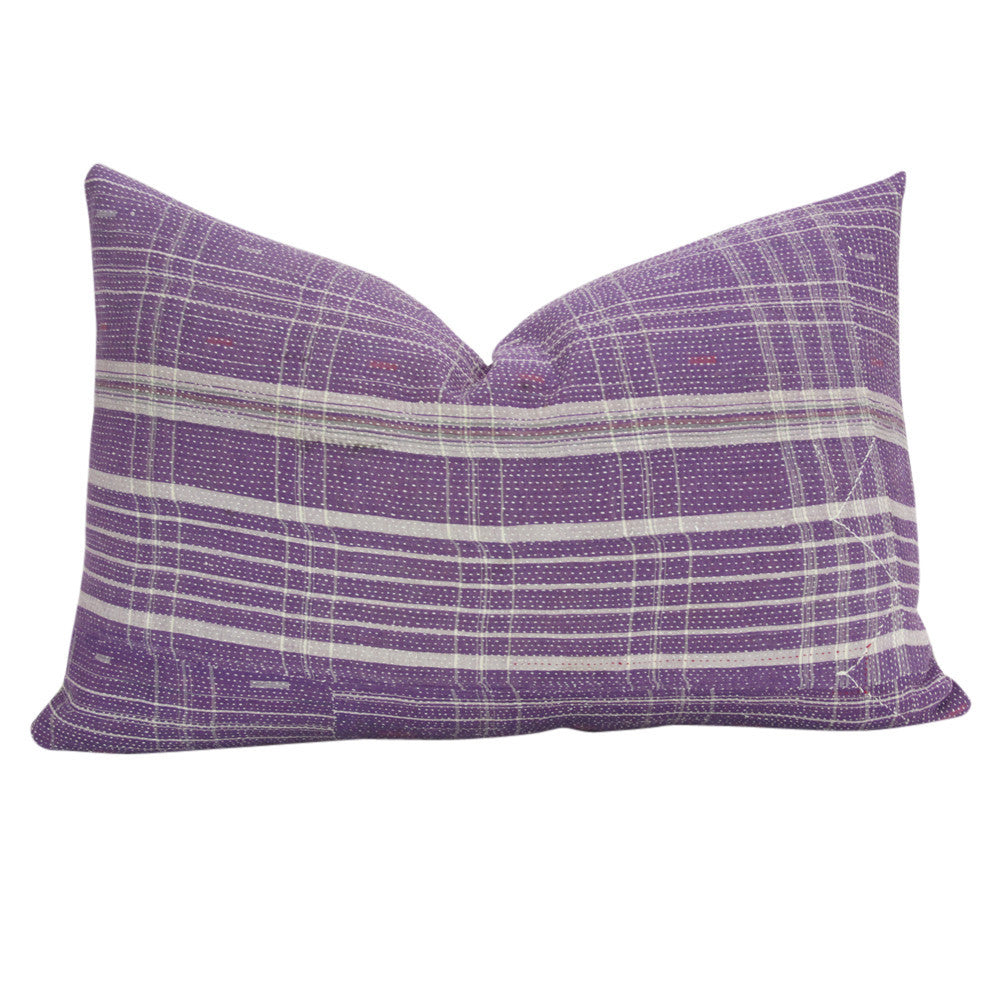 Plum Bengal Kantha Lumbar Pillow, Pair