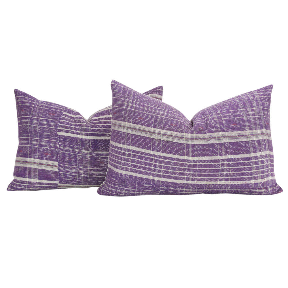 Plum Bengal Kantha Lumbar Pillow, Pair