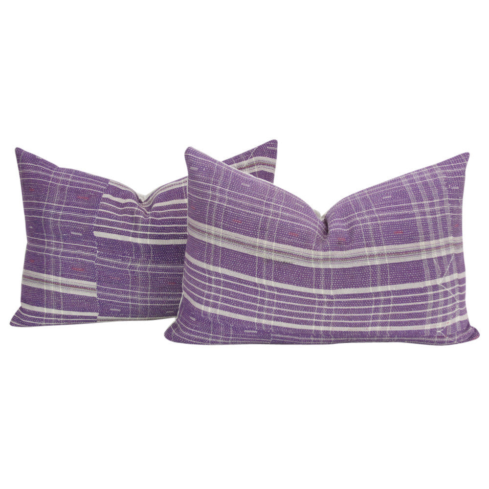 Plum Bengal Kantha Lumbar Pillow, Pair