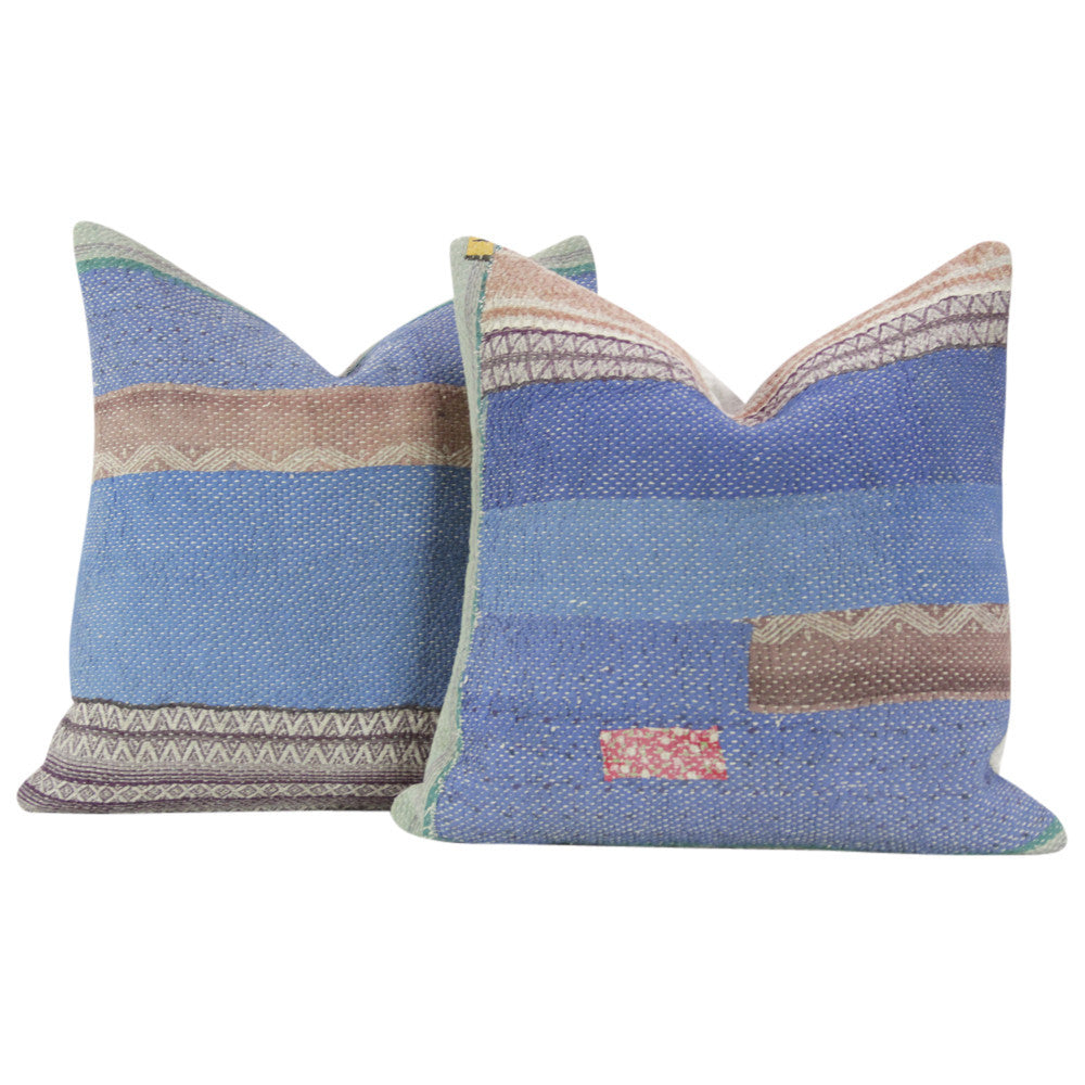Royal Blue Bengal Kantha Pillow, Pair