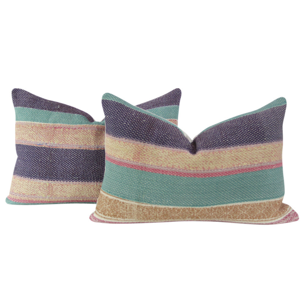 Striped Bengal Kantha Lumbar Pillow, Pair