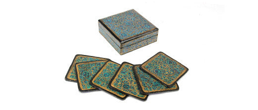 Turquoise Kashmiri Hand Painted Coaster Set W/ Box